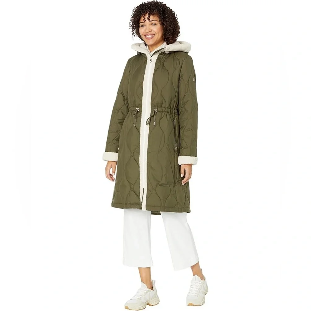 NWT KATE SPADE FAUX SHEARLING TRIM DOWN AND FEATHER FILL LONG COAT OLIVE SIZE XL - Picture 2 of 16
